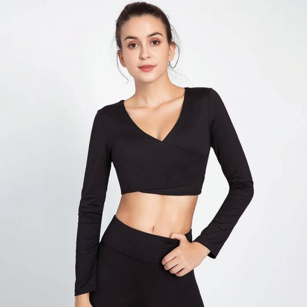 Wholesale black long sleeve v neck crop top - Schwarzes langärmeliges V-Ausschnitt Crop Top - Wholesale Fitness Clothing Manufacturer