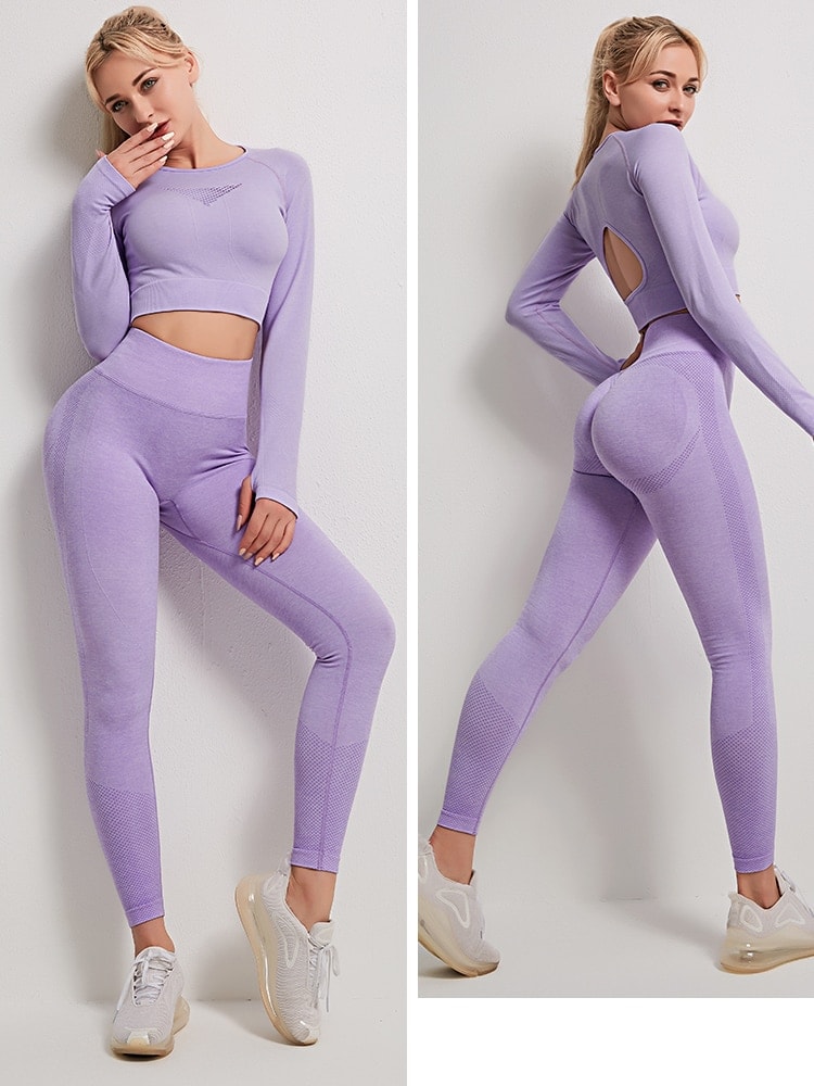 3pcs/set Purple Black Green Gray 2 Piece Seamless Yoga Set Back Hole Design Gym Clothing Legging Sport Wear Workout Yoga Outfit