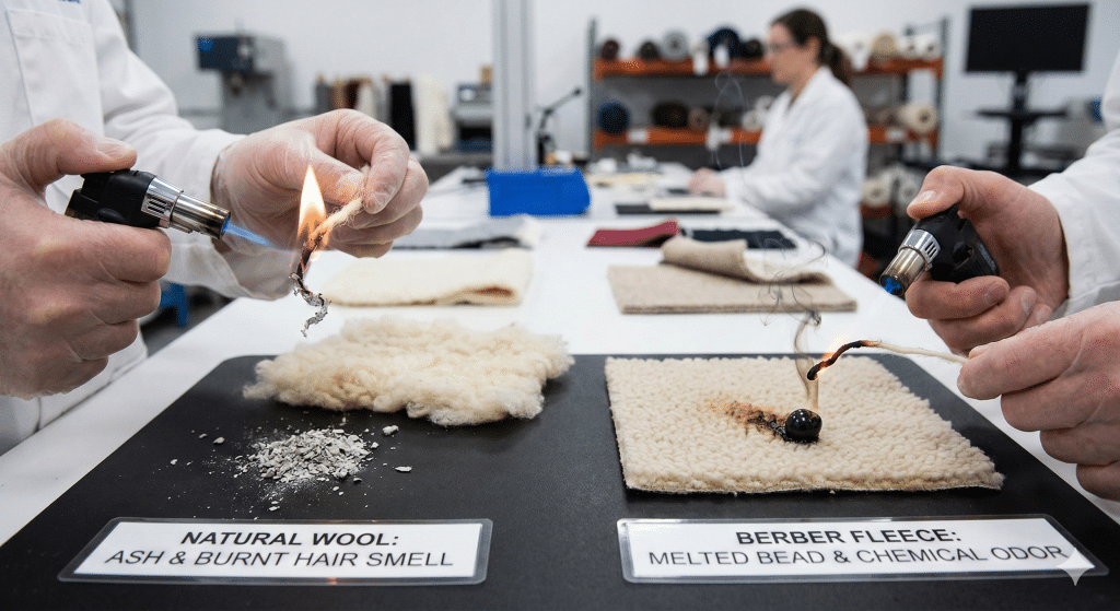 B2B quality control burn test for distinguishing Berber fleece from real wool
