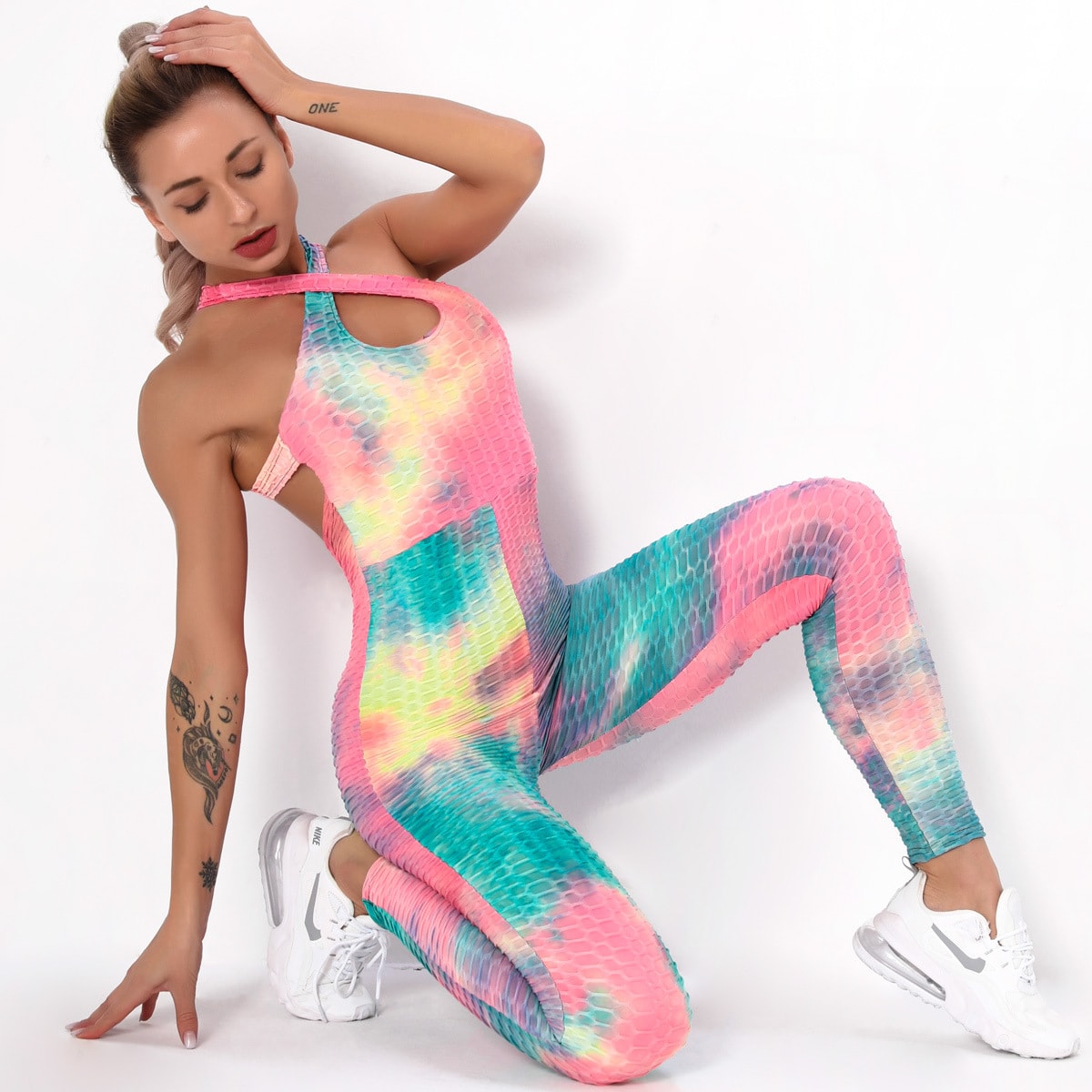 Set Yoga dengan Pewarna Yang Mulus Pakaian Olahraga Fitness Jacquard Bubblet Slim Fit Hip Raise Jumpsuit Pakaian Olahraga Set Legging Gym untuk Wanita