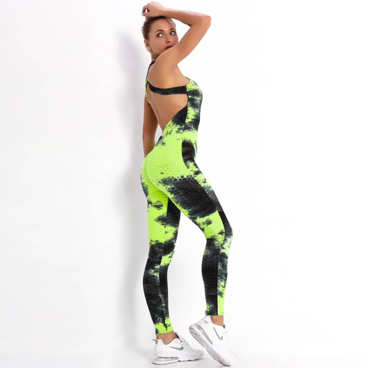Set Yoga dengan Pewarna Yang Mulus Pakaian Olahraga Fitness Jacquard Bubblet Slim Fit Hip Raise Jumpsuit Pakaian Olahraga Set Legging Gym untuk Wanita