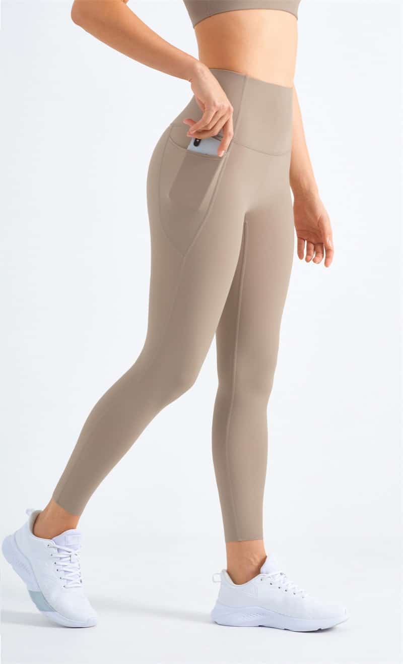 Solid Color Women Leggings Anti-roll Edgey Sports Pants Tights Fitness High Waist Yoga Double Side Pockets Seamless Foot Opening