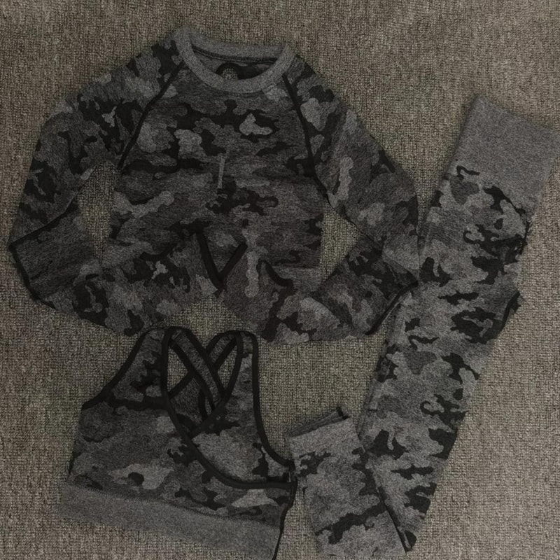Yoga Set Women Seamless Camouflage Long sleeves Tops Shirt High Waist Leggings Fitness Sport GYM Camo Suits Tight Workout pants