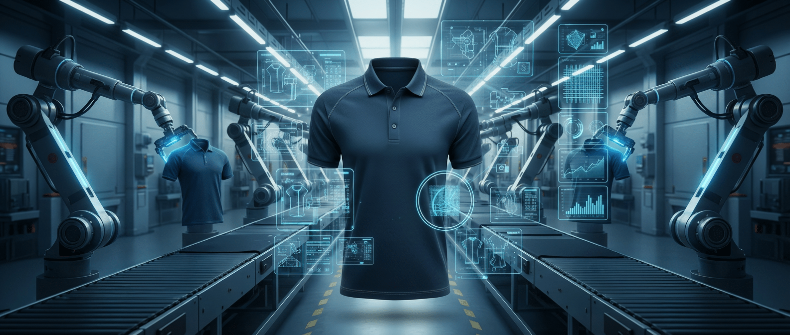 Advanced manufacturing line for high-quality custom performance polo shirts, illustrating the automated Cut & Sew process for bulk orders