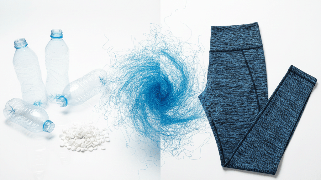 Custom sportswear manufacturer process showing recycled plastic bottles transforming into polyester fiber and finished blue yoga leggings for wholesale activewear brands.