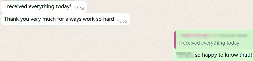 Client confirmation of successful delivery for bulk sportswear order, praising hard work and timely shipping