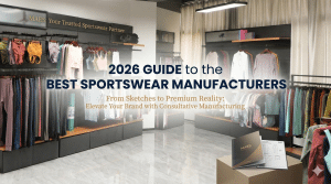 An authoritative guide to finding the **best sportswear manufacturers in china** for global brands, featuring a Maes showroom filled with premium gym wear and custom activewear collections.