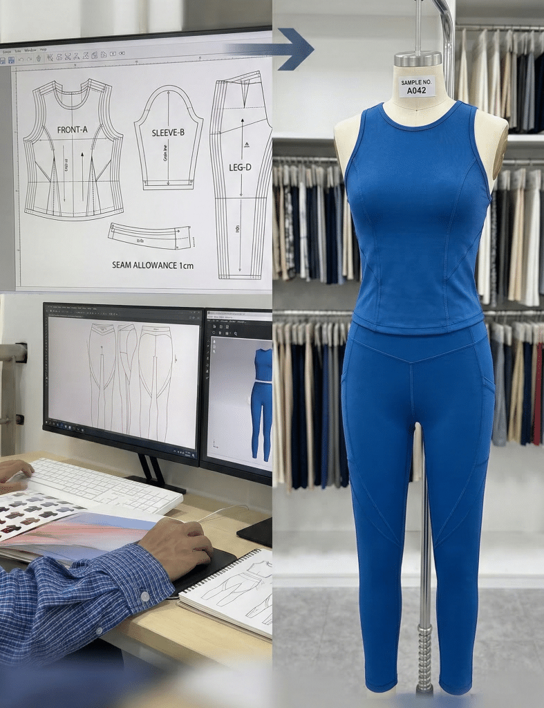 A side-by-side comparison of a technical CAD activewear pattern on a monitor and the final, precisely stitched physical sample, showcasing Maes's sketch-to-reality technical support.