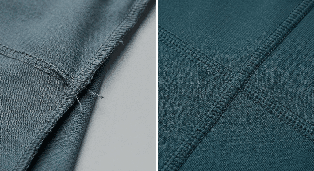 A split-screen comparison showing a standard, slightly uneven stitch on the left and a high-quality, precise flatlock seam on the dark teal sustainable men's tracksuit on the right. This highlights the superior craftsmanship and durability required for premium activewear