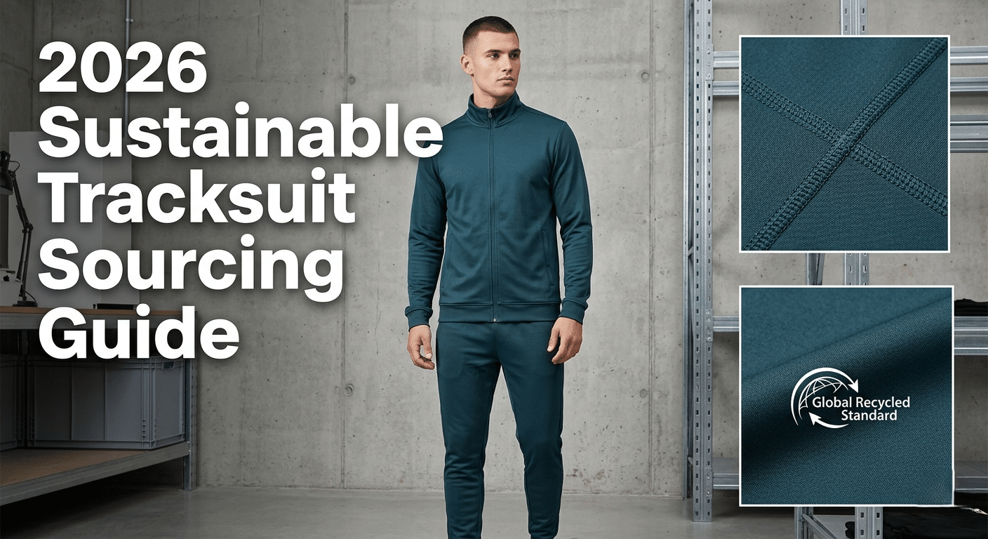 A full-body view of a model wearing a dark teal sustainable men's tracksuit in a modern industrial garment workshop. An inset shows a close-up of durable flatlock seams, and another inset displays the GRS (Global Recycled Standard) certification logo on a fabric swatch. Large text reads '2026 Sustainable Tracksuit Sourcing Guide'.