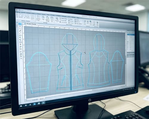 A computer monitor displaying professional CAD pattern software with technical drawings for a custom hooded sweatshirt as part of the apparel engineering process.