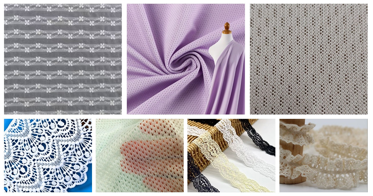Collage of 7 types of lace with pictures, showcasing different stretch lace fabric textures for custom activewear manufacturing.