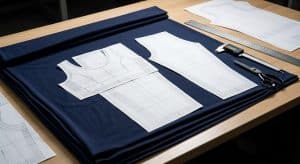 Industrial pattern grading workstation featuring precision blueprints and shears on dark stretch fabric, a core process for top plus size activewear manufacturers.