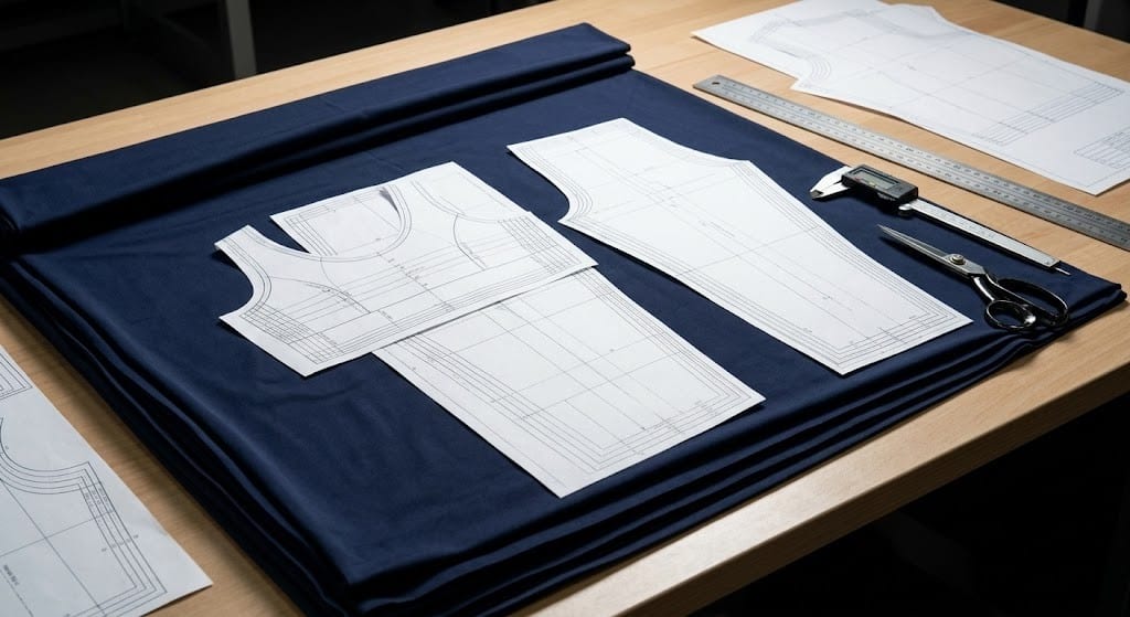 Industrial pattern grading workstation featuring precision blueprints and shears on dark stretch fabric, a core process for top plus size activewear manufacturers.