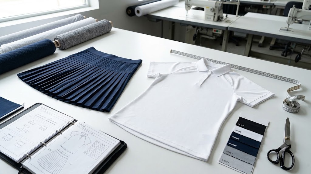 Professional custom tennis clothing manufacturing process showing pleated tennis skirts, performance polo shirts, and technical tech pack on factory cutting table
