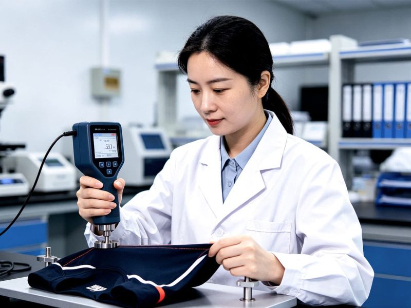 Quality control specialist using a precision digital force gauge to test fabric elasticity and seam strength in a professional garment laboratory.