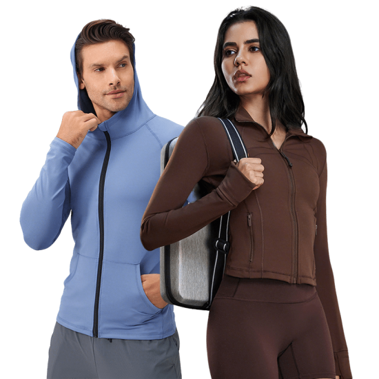Premium custom sports jacket collection featuring water-resistant half-zip shells, technical track jackets with thumbhole cuffs, and ergonomic outdoor hiking gear for global private label fitness and lifestyle brands.